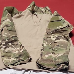 Tan and Green Long Sleeve Tee with Mandarin Collar